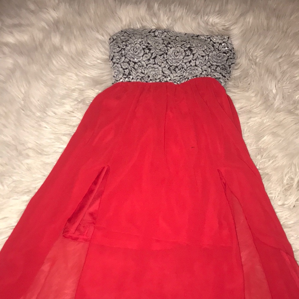 A strapless red dress